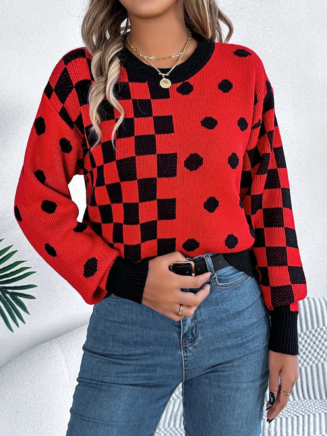 Gray polka dot checkerboard knit sweater - View 9 | WEUXS