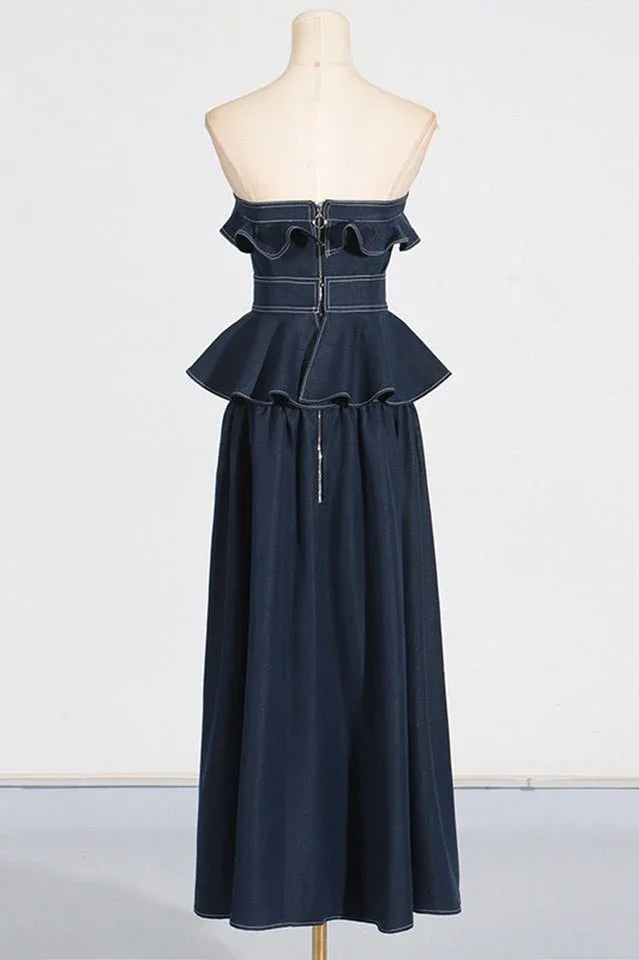 Maxi denim dress with peplum waist and ruffle details - View 7 | WEUXS
