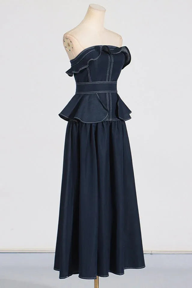 Maxi denim dress with peplum waist and ruffle details - View 6 | WEUXS