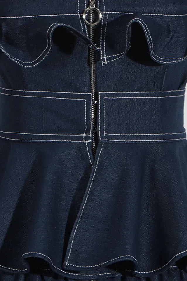 Maxi denim dress with peplum waist and ruffle details - View 9 | WEUXS
