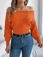 Khaki Off-Shoulder Cable Knit Sweater - View 7 | WEUXS