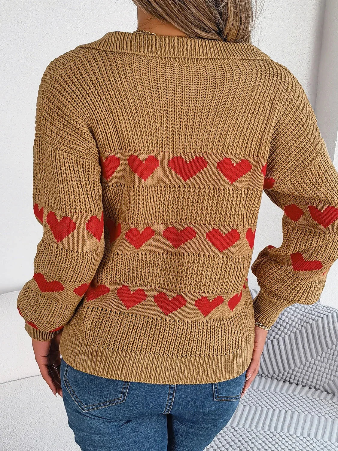 Collared Heart Print Knit Sweater - View 6 | WEUXS