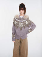 Woman wearing a lavender knit zip-up cardigan with a beige Fair Isle pattern and faux fur hood.