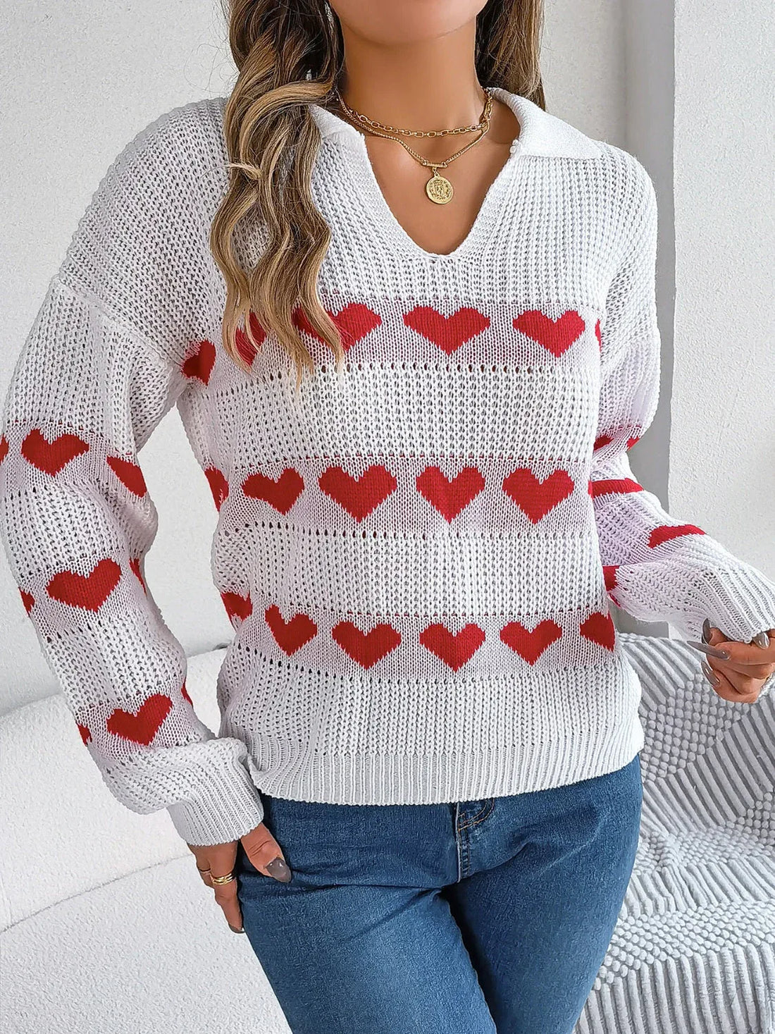 Sweet Heart Print Collared Knit Sweater - WEUXS