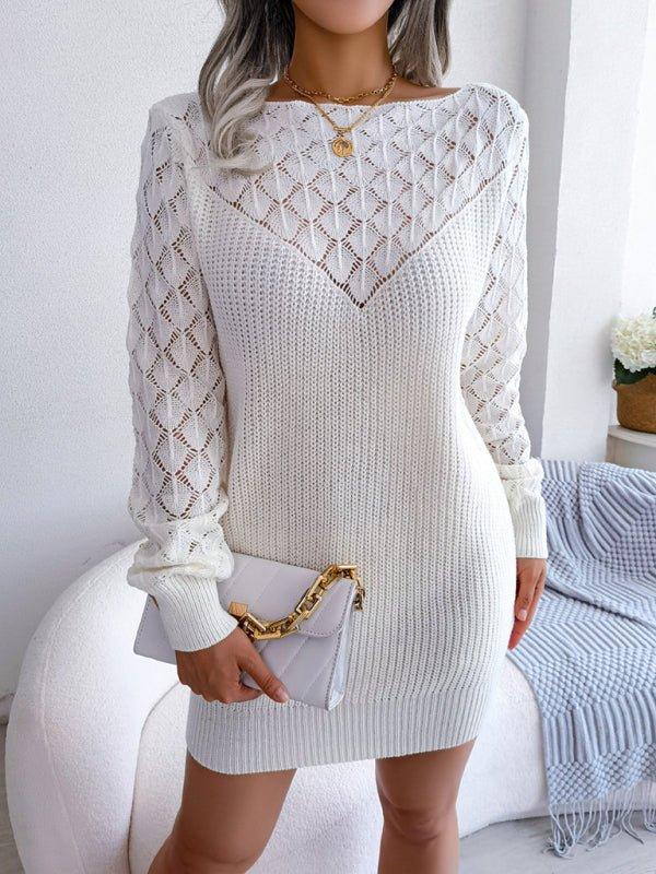 Dusty Pink Hollow Out Knit Sweater Dress - WEUXS