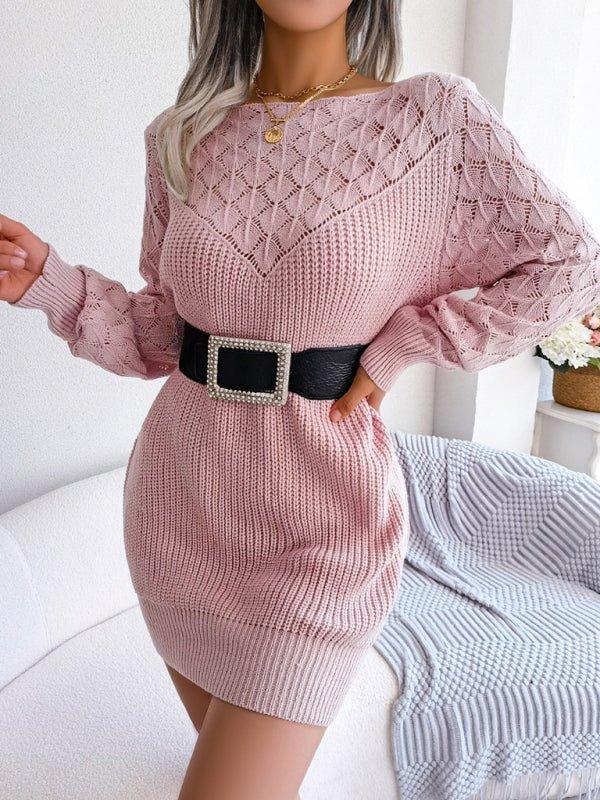 Dusty Pink Knit Sweater Dress with Diamond Pattern