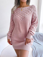 Dusty Pink Hollow Out Knit Sweater Dress - WEUXS