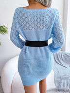 Dusty Pink Hollow Out Knit Sweater Dress - WEUXS