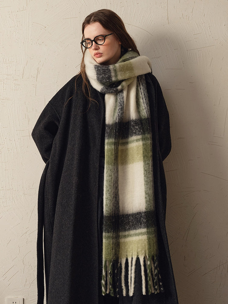 Oversized Olive Green & Cream Plaid Scarf