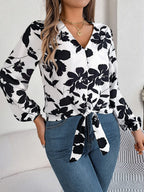 Monochrome floral tie front blouse - View 6 | WEUXS