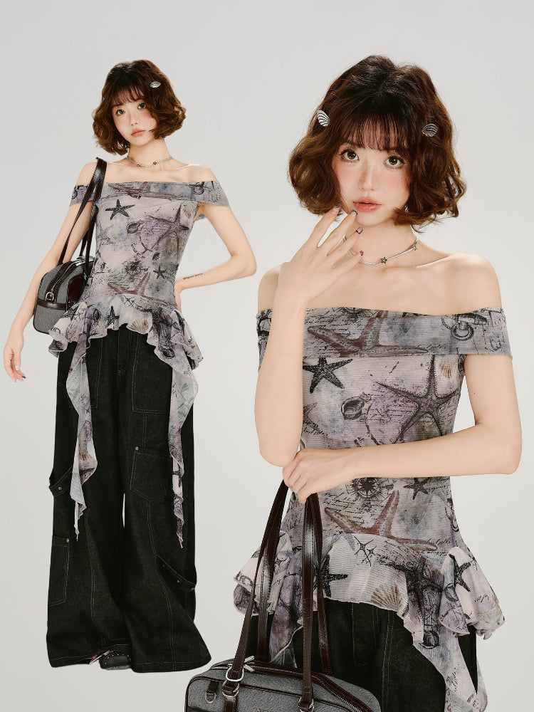 Model wearing the off-the-shoulder top with black wide-leg pants