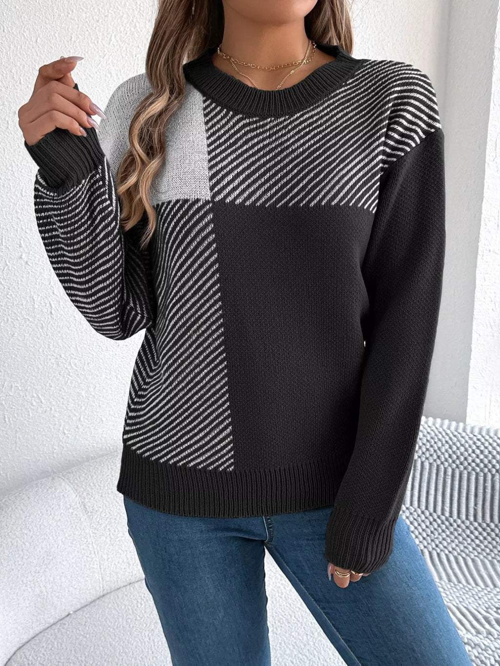 Modern Geometric Khaki Knit Sweater - WEUXS