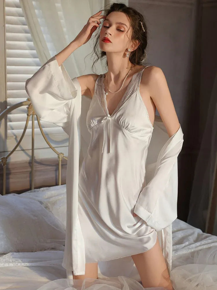 White Lace Trim Satin Slip Dress & Robe Set - WEUXS