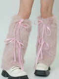 Detail shot of pink faux fur leg warmers showcasing the ribbon tie embellishments.