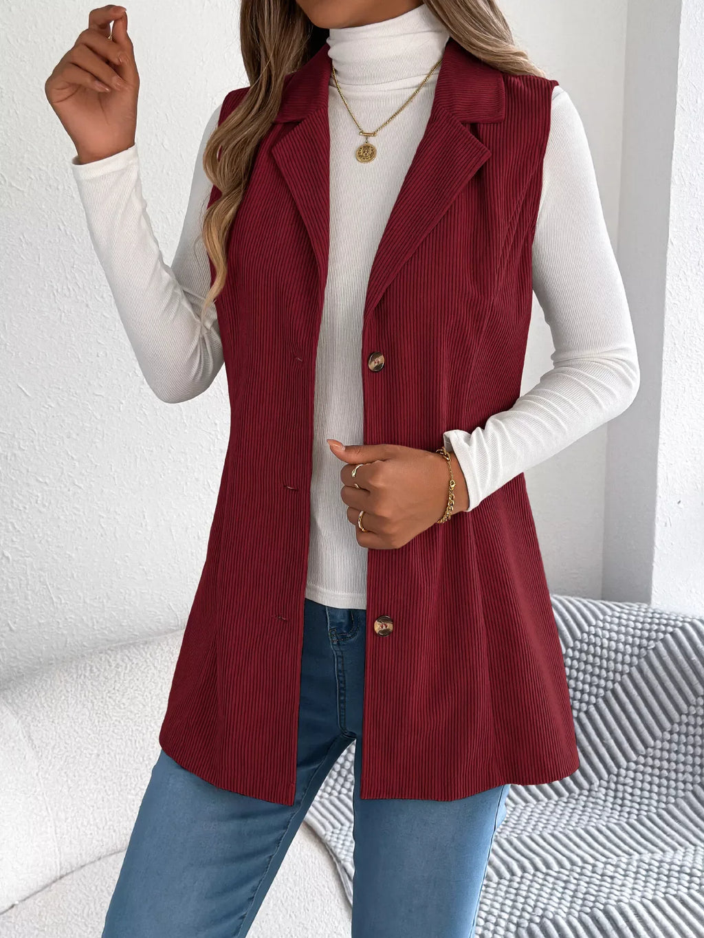 Beige corduroy sleeveless jacket with notched lapel - View 10 | WEUXS