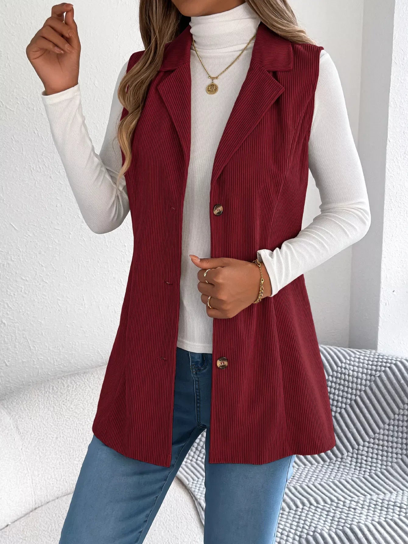 Beige corduroy sleeveless jacket with notched lapel - View 10 | WEUXS