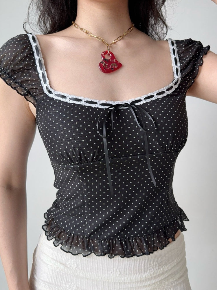 Black and white polka dot print sheer chiffon top with square neckline and cap sleeves
