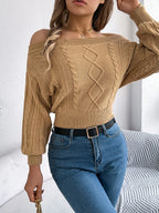 Khaki Off-Shoulder Cable Knit Sweater - View 6 | WEUXS