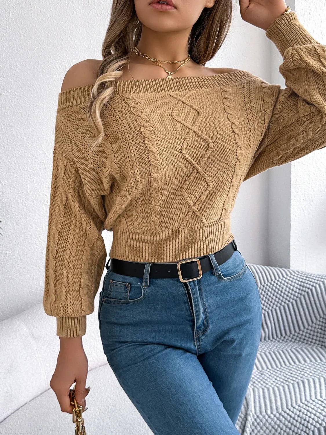Khaki Off-Shoulder Cable Knit Sweater - View 6 | WEUXS