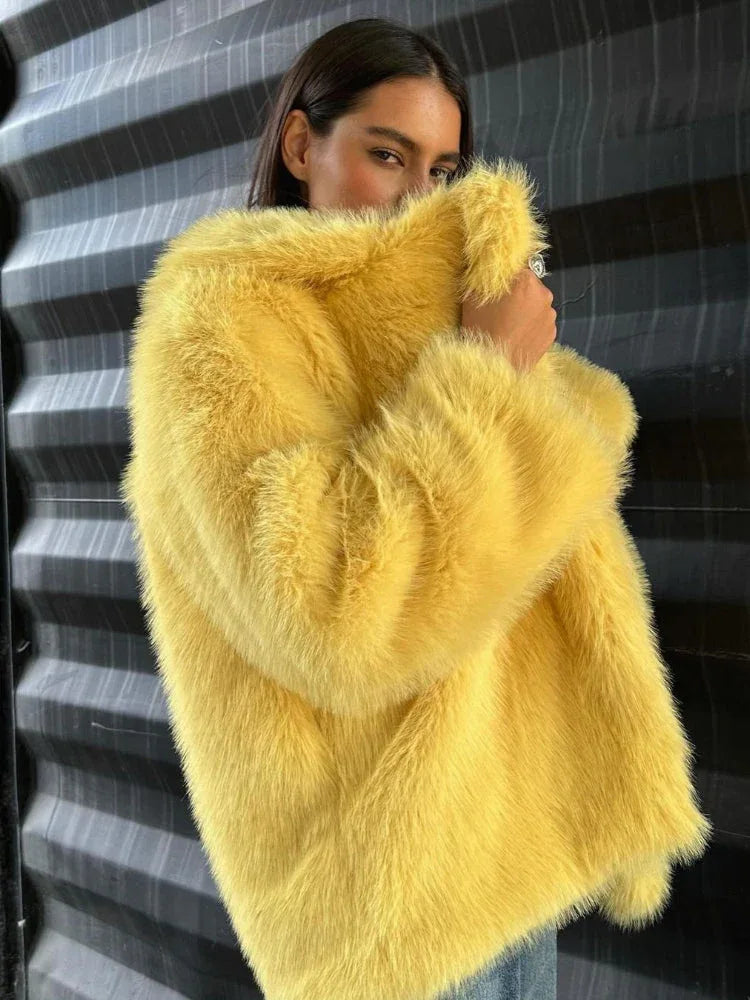 Faux Fur Coat with Wide Lapels - View 7 | WEUXS