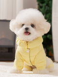 Small dog wearing a yellow puffer jacket with a hood