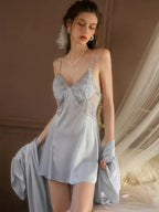 Embroidered Sheer Lace Satin Slip Dress - WEUXS