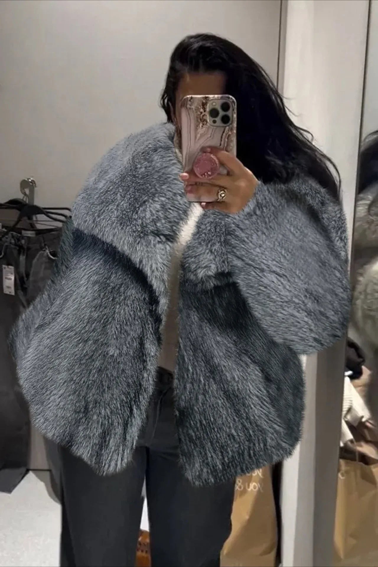 Luxe Sage Grey Faux Fox Fur Coat - WEUXS