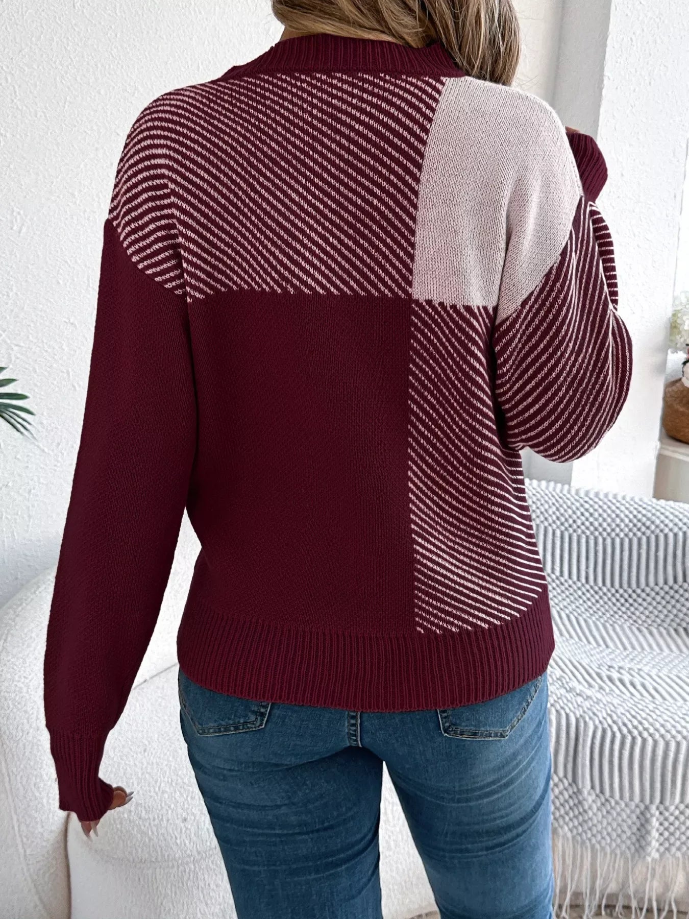 Modern Geometric Khaki Knit Sweater - WEUXS