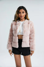 Beige faux fur jacket with horizontal panels
