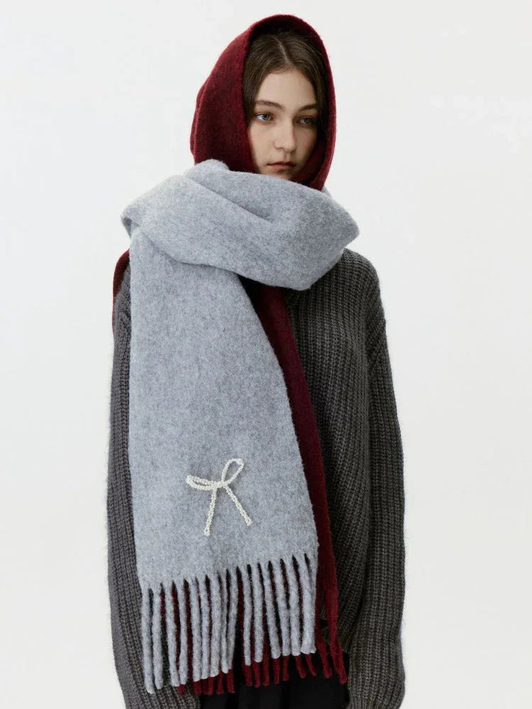 Wool blend scarf with pearl bow detail - View 13 | WEUXS
