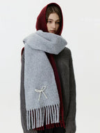 Wool blend scarf with pearl bow detail - View 13 | WEUXS
