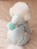 Rear view of a white Bichon Frise dog wearing a light green gingham hooded jumpsuit with a light green pom-pom