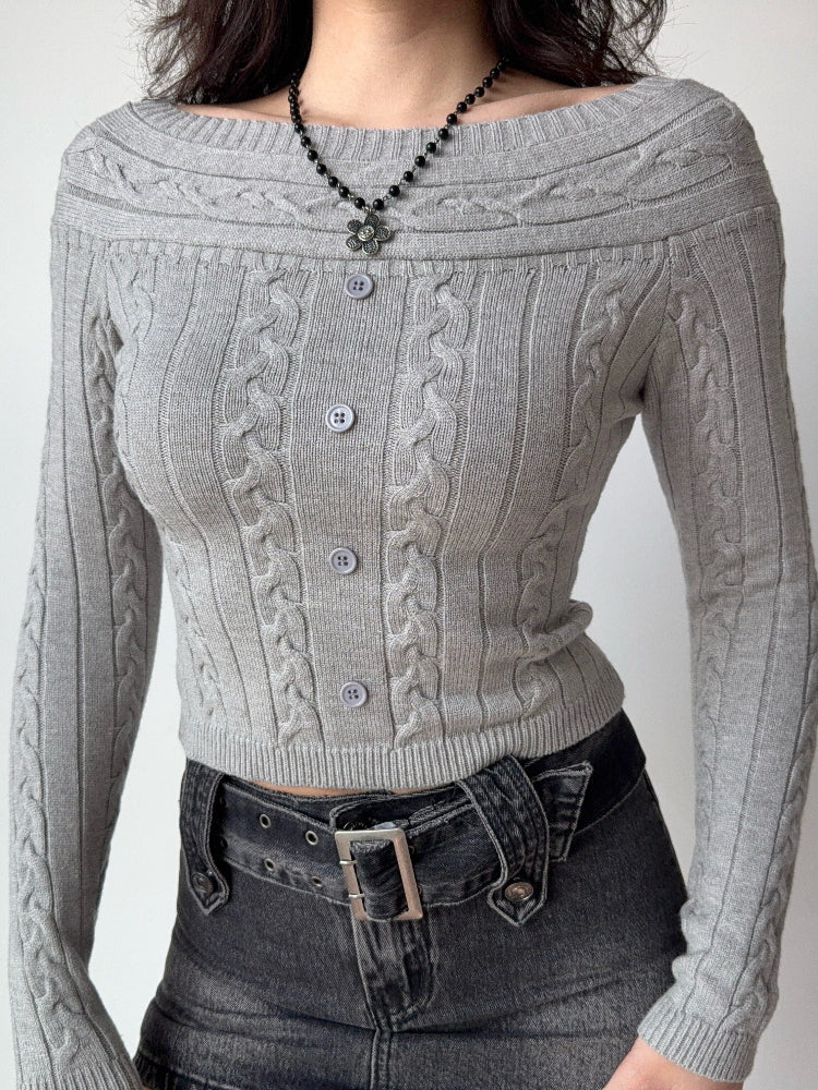 Grey cable knit cropped sweater with off-the-shoulder neckline and button detail