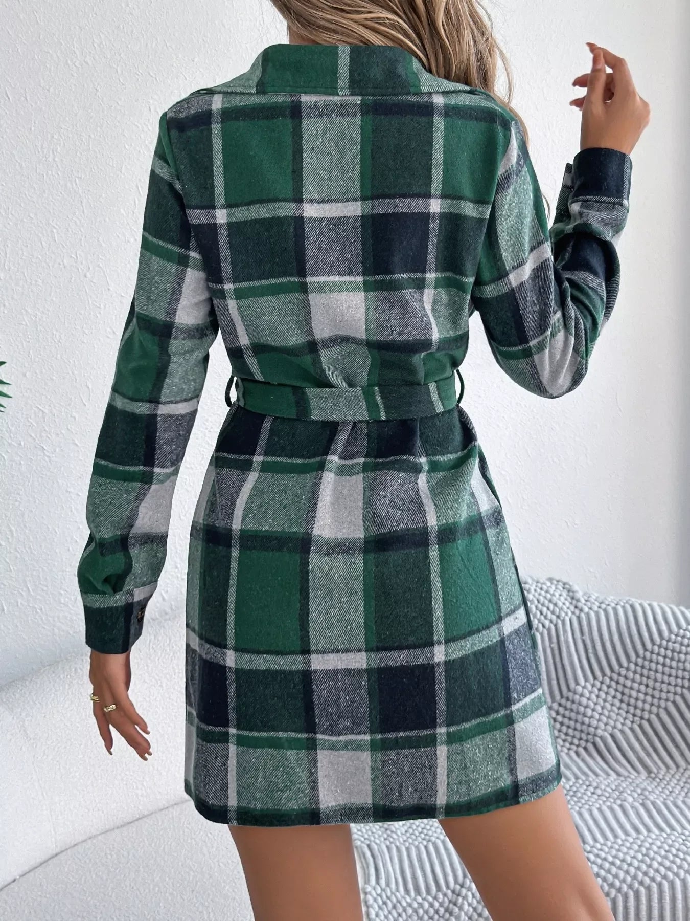 Green Plaid Belted Shirt Dress - View 7 | WEUXS