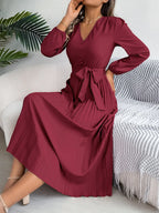Vintage Khaki V-Neck Pleated Maxi Dress - View 24 | WEUXS