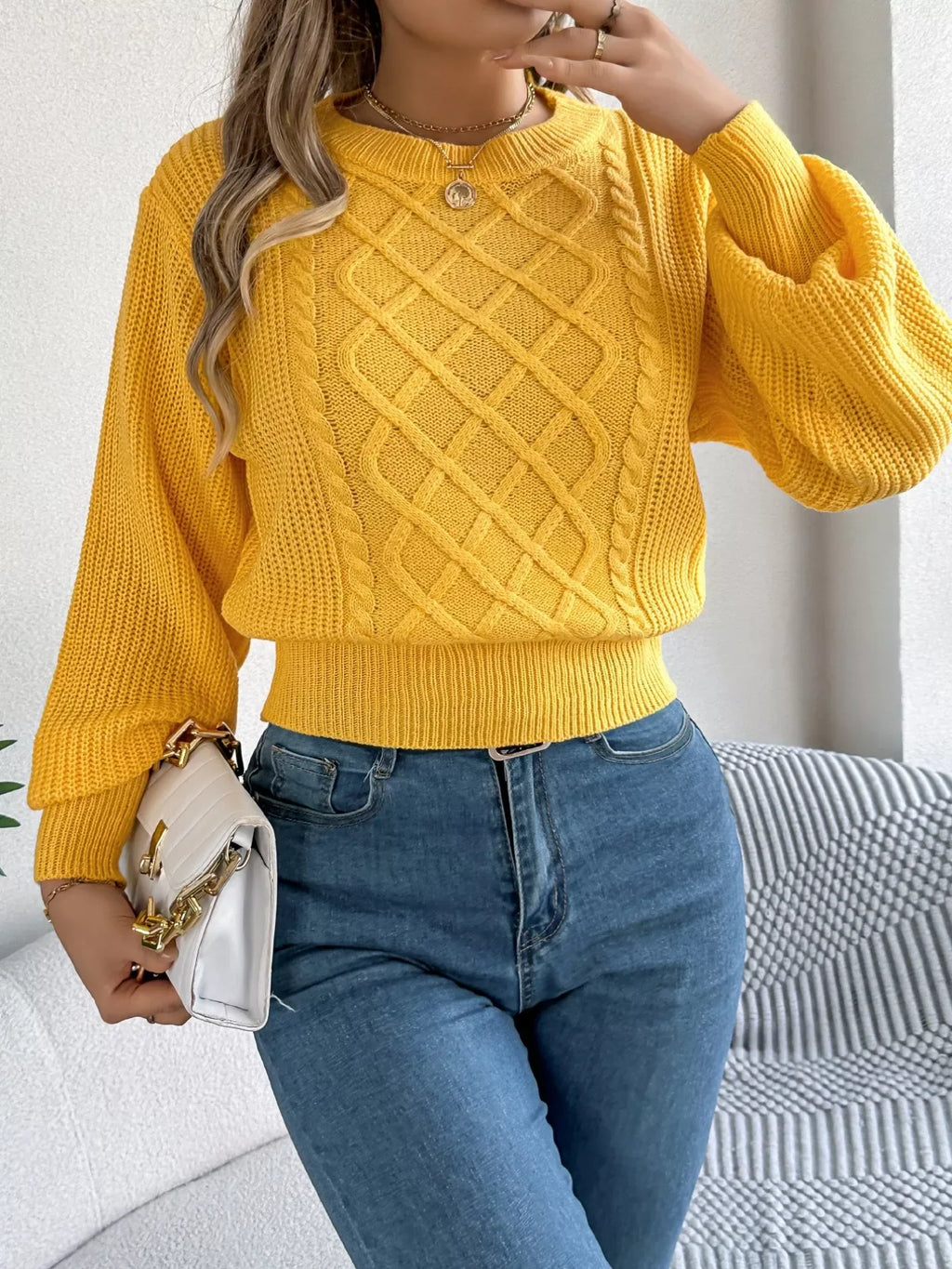 Cable knit crew neck sweater with lantern sleeves - View 9 | WEUXS
