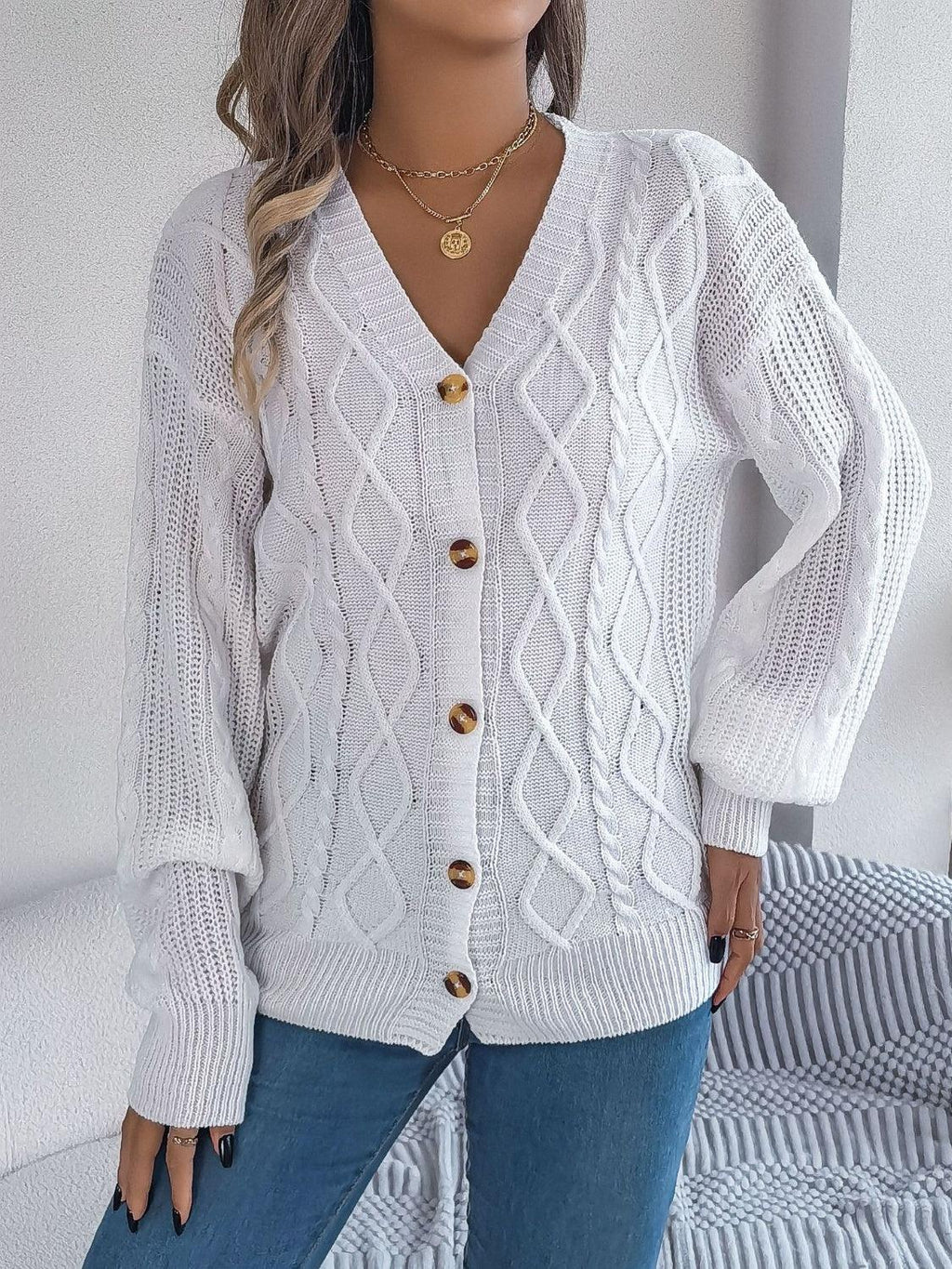Pink Cable Knit Button Down Cardigan - View 12 | WEUXS