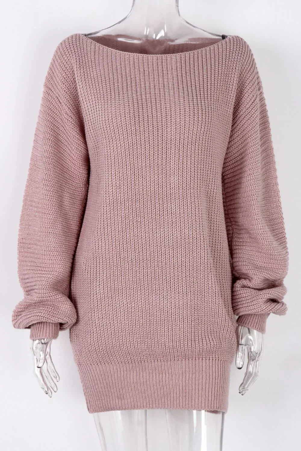 Mannequin displaying a pink off-the-shoulder knit tunic sweater, front view