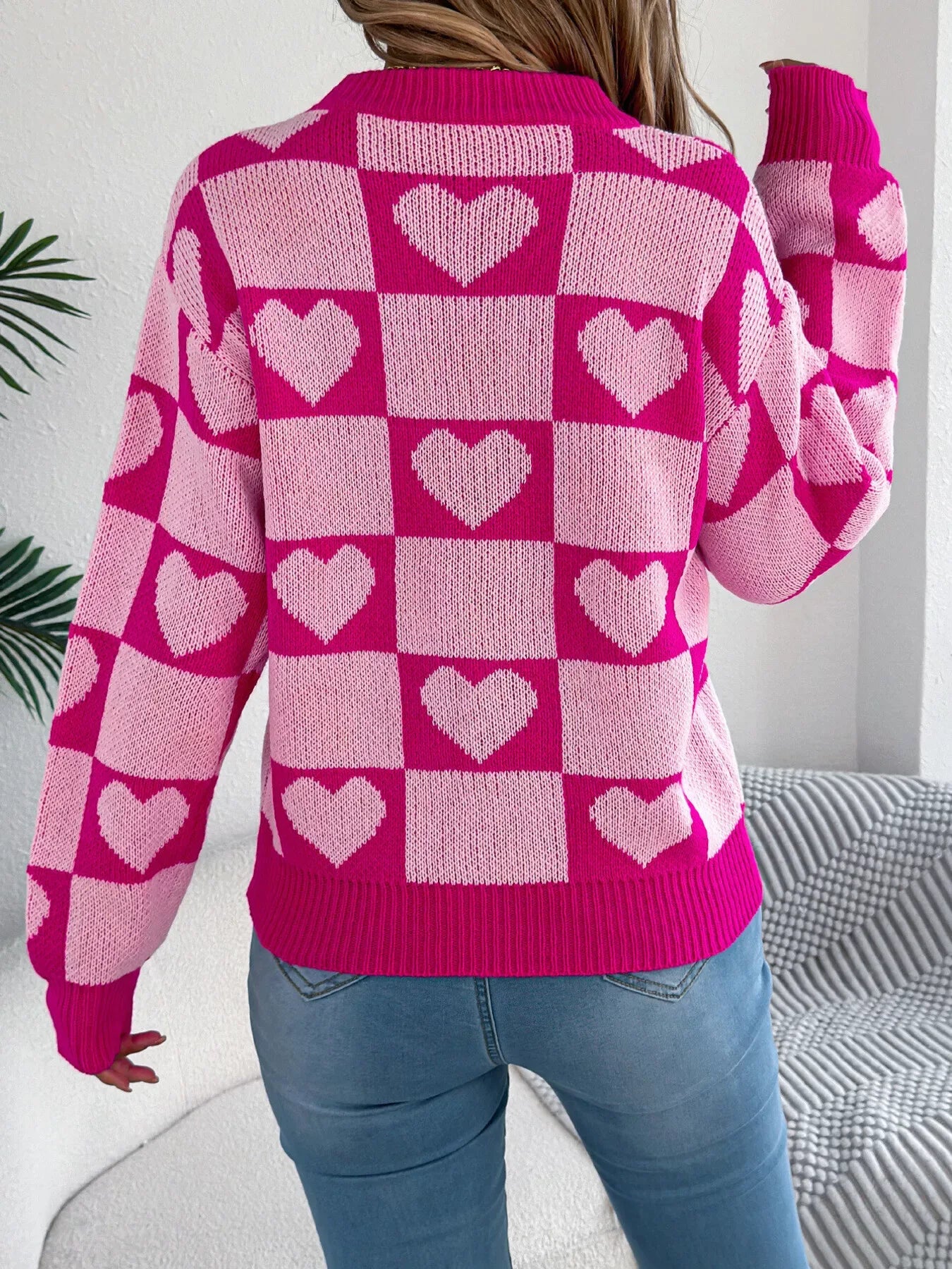 Heart Checkerboard Knit Sweater - View 8 | WEUXS