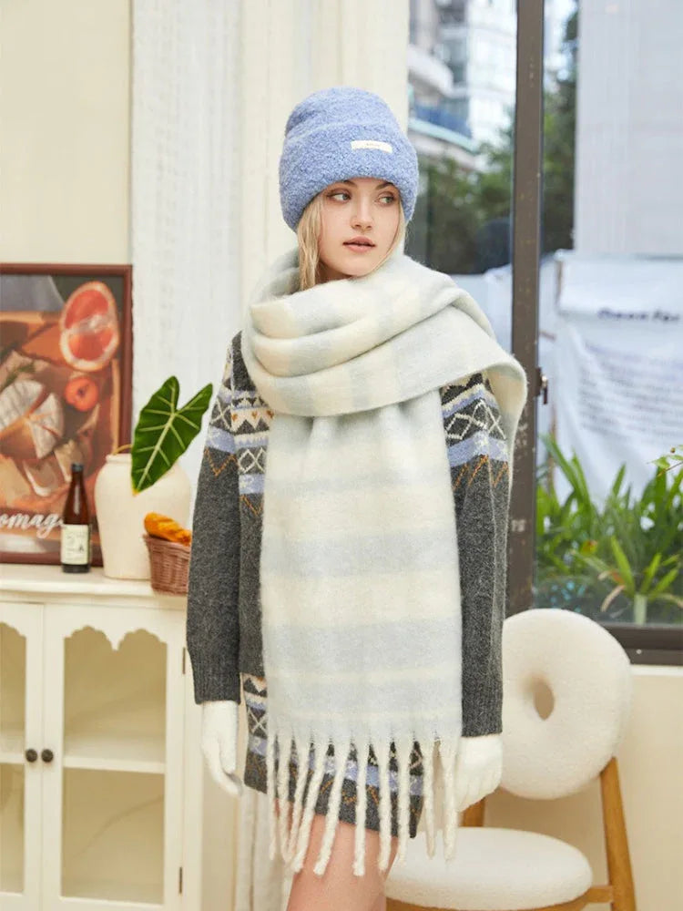 Pastel Blue & White Block Stripe Oversized Scarf - WEUXS