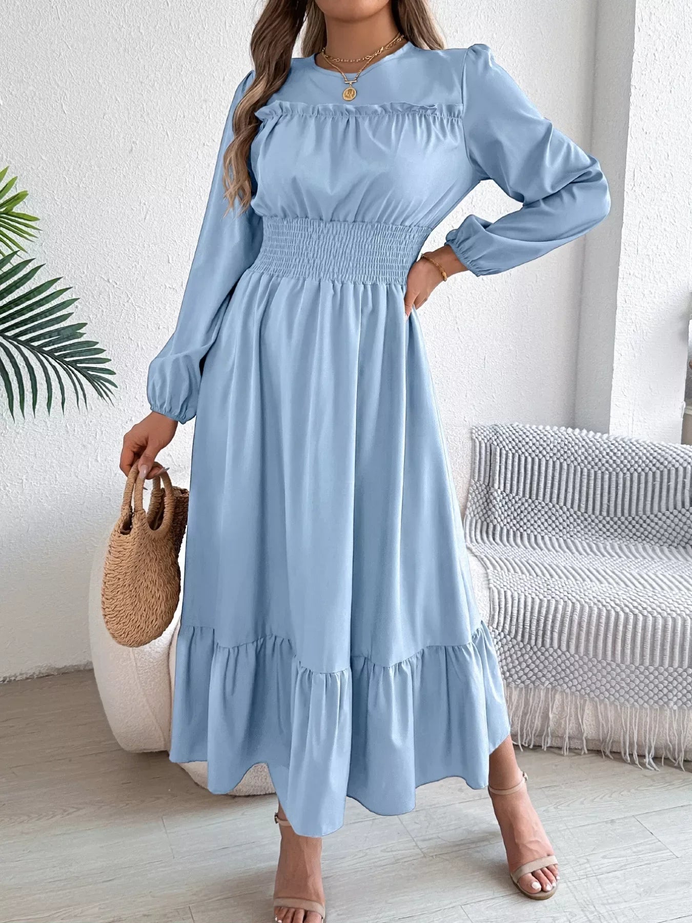 Emerald Green Ruffle Smocked Waist Maxi Dress with Round Neckline and Lantern Sleeves - View 23 | WEUXS