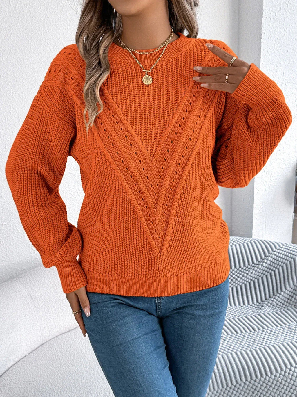 Pointelle knit crew neck sweater - View 9 | WEUXS