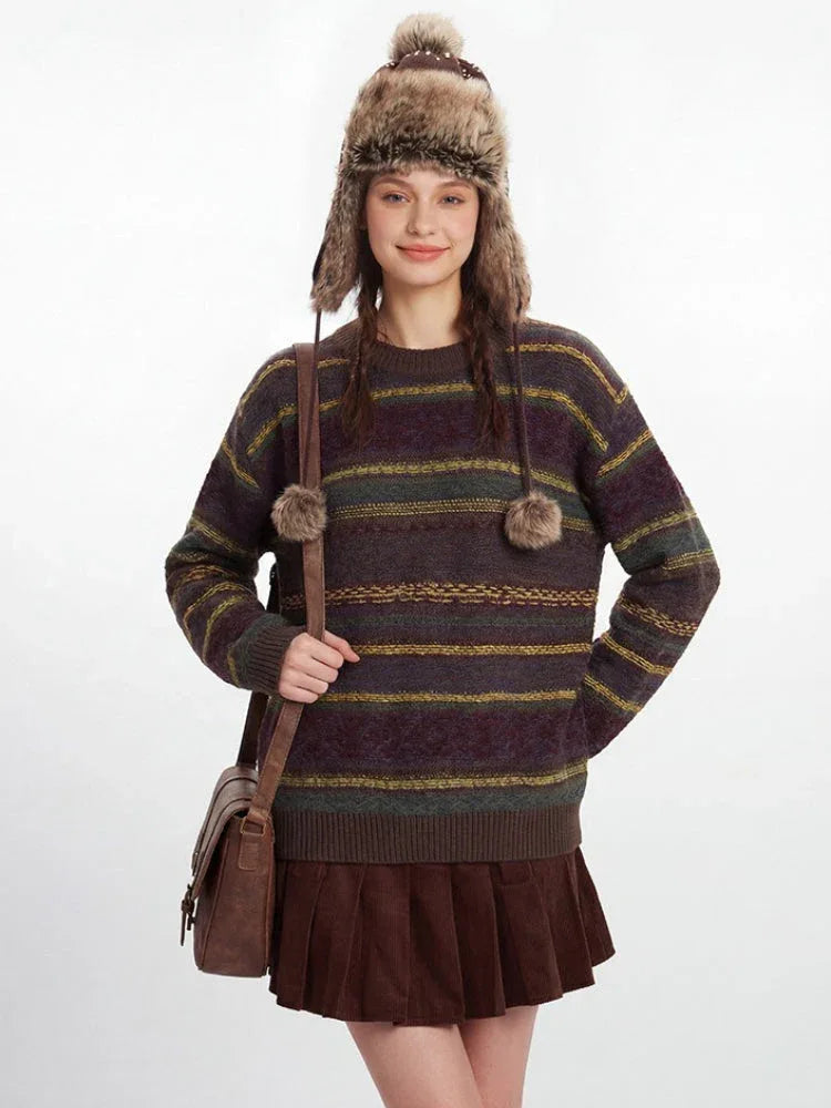 Woman smiling and looking at the camera, wearing a striped sweater and a faux fur hat.