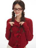 Coquette Cherry Red Bow Pointelle Cardigan - WEUXS