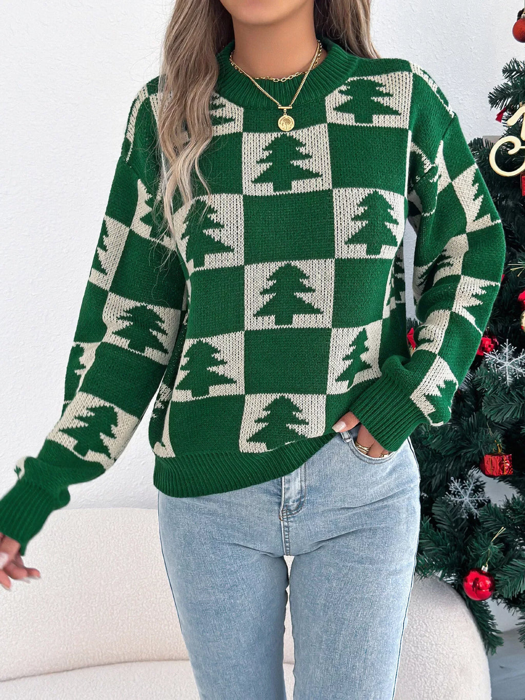 Detail of the ribbed cuffs and crew neckline on a Christmas sweater