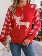 Woman wearing a white and red festive reindeer knit sweater with buffalo plaid raglan sleeves. - View 8 | WEUXS