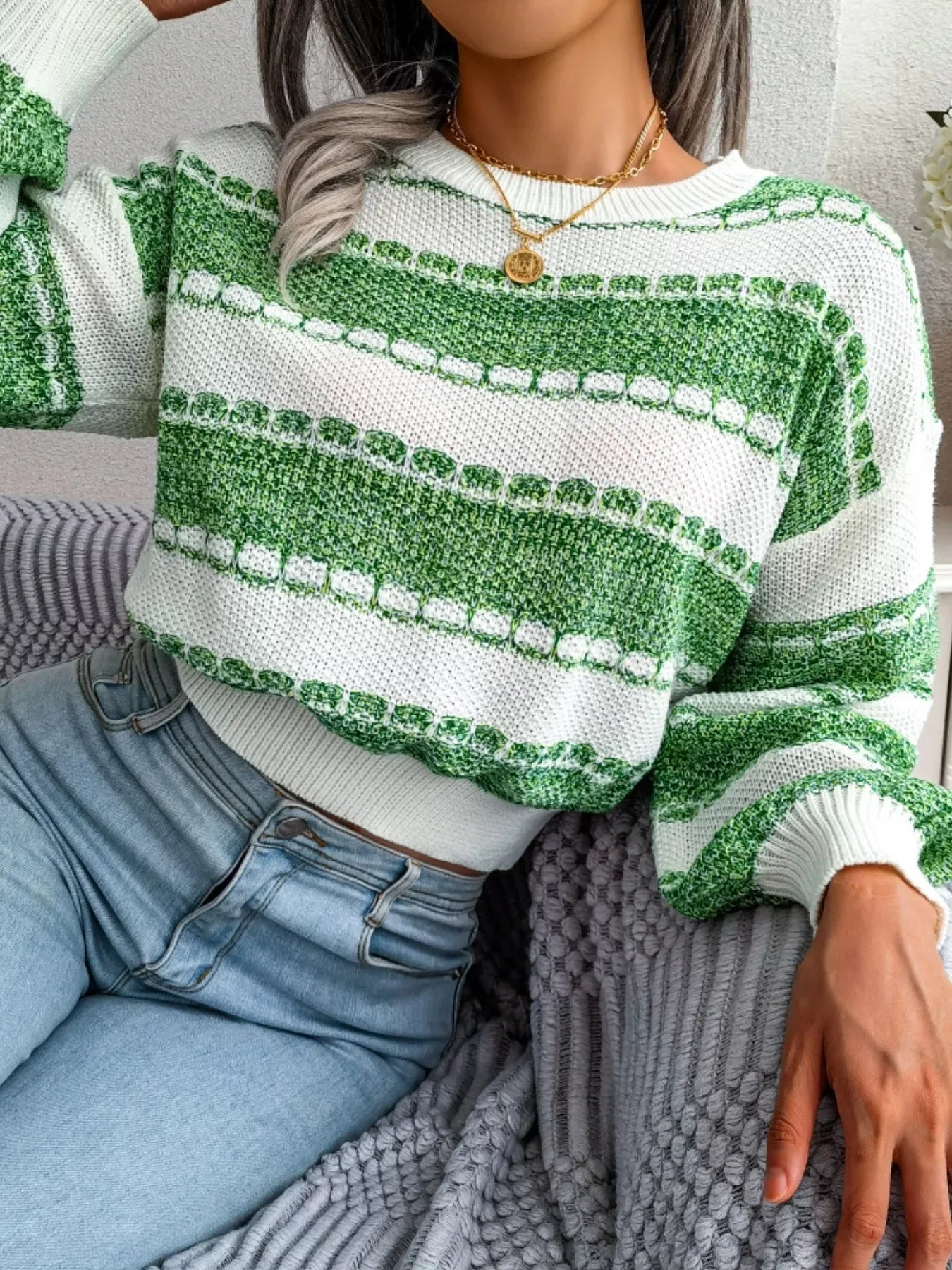 Textured Striped Knit Sweater - View 13 | WEUXS
