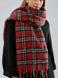 Women's heavyweight red plaid scarf with fringe - View 6 | WEUXS
