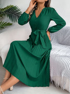 Vintage Khaki V-Neck Pleated Maxi Dress - WEUXS