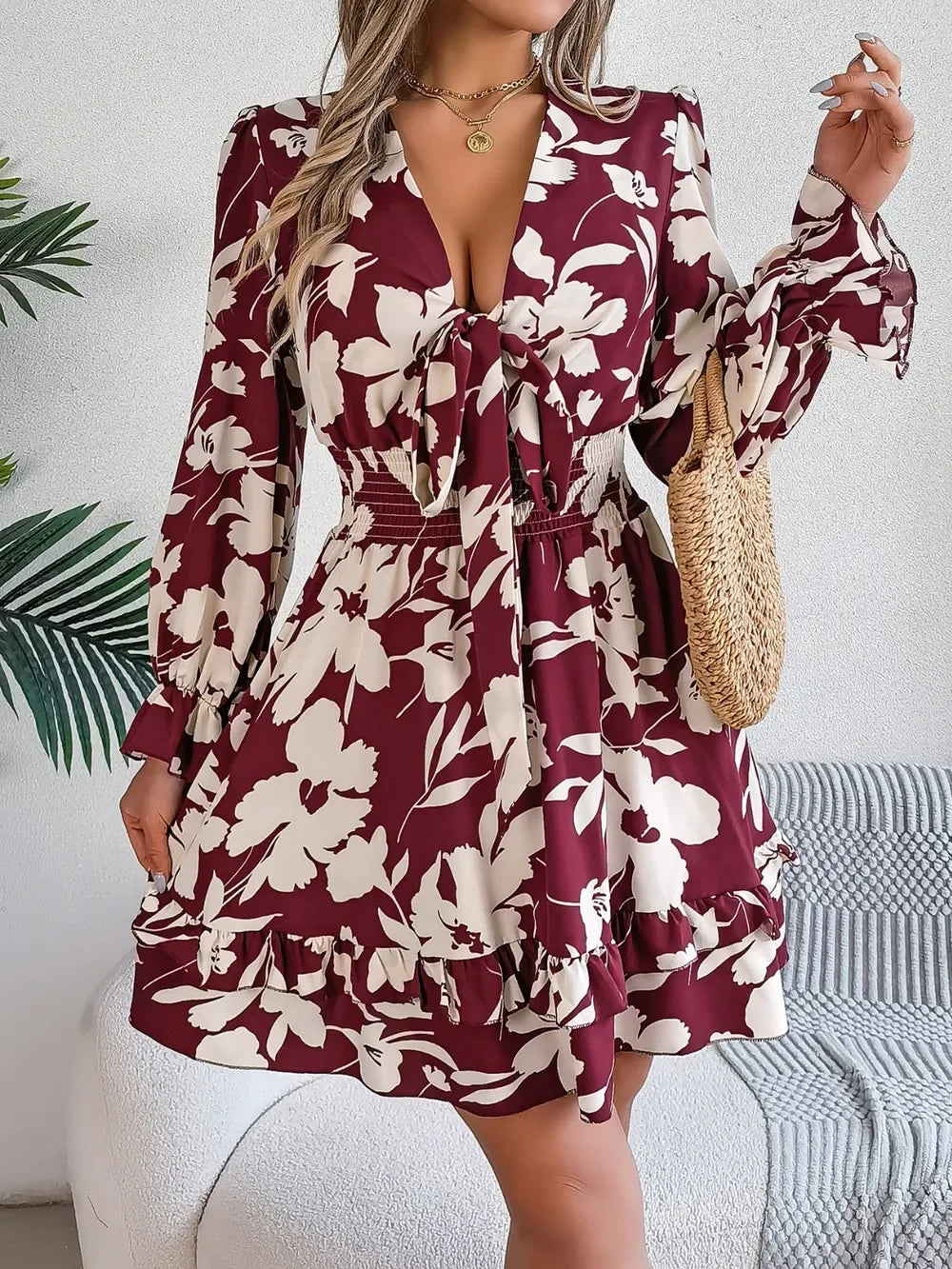 Floral Tie-Front Mini Dress - View 8 | WEUXS
